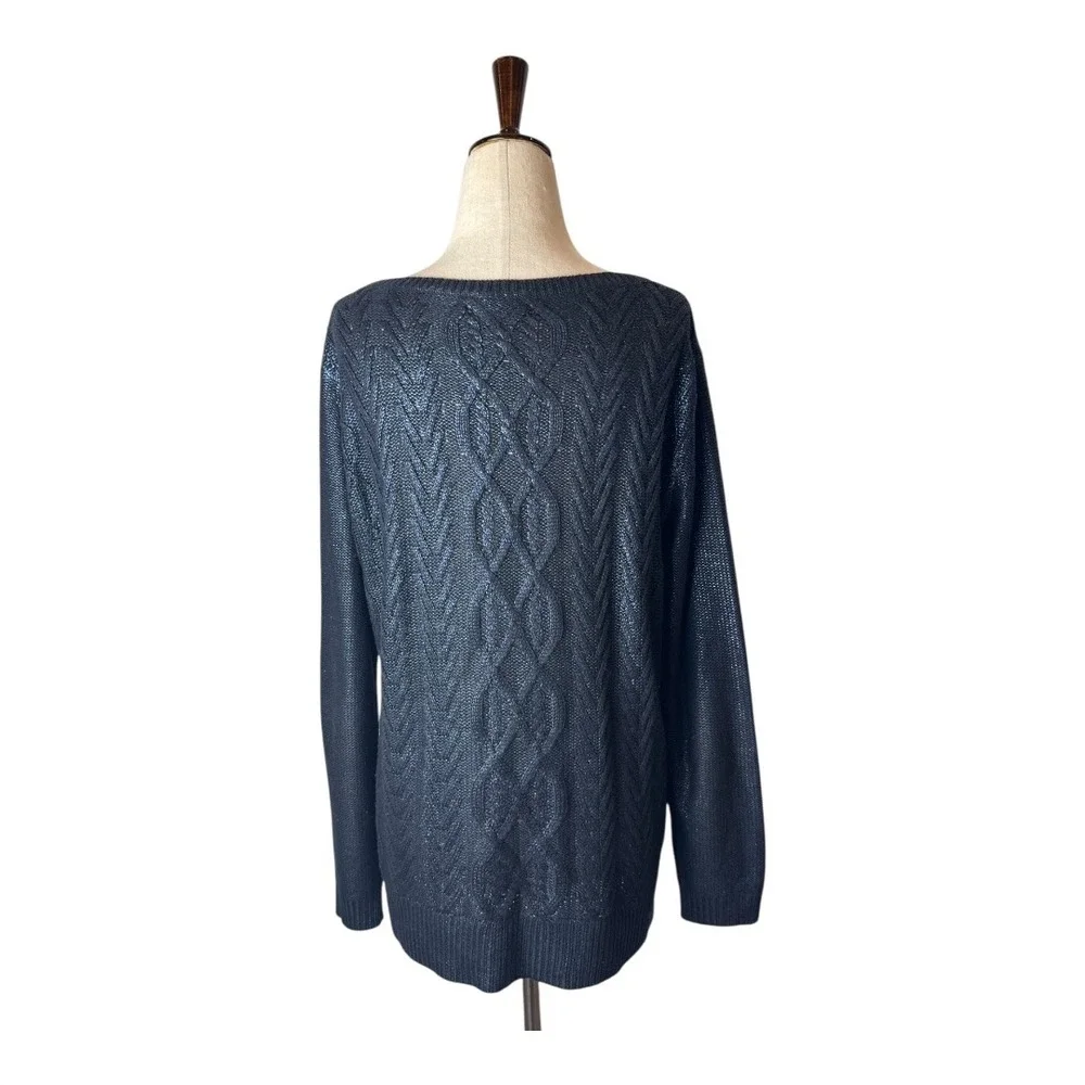 Club Monaco Sweater Women Medium Navy Blue Metallic Cable Knit Pullover Preppy‎